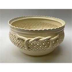 Large 20th century Leeds pottery basket and cover, of bulbous form with pierced detail and twin rope handle, with impressed mark beneath, H23cm D25cm