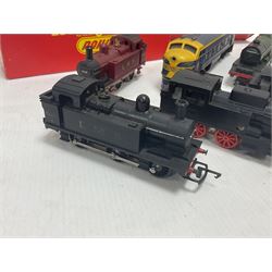 Hornby/Tri-Ang ‘00’ gauge - nine locomotives to include Britannia Class ‘Britannia’ 4-6-2 no.70000 in BR green; Class M7 4-4-0 Tank no.30027 in BR black; Princess Class ‘Princess Victoria’ 4-6-2 no.46205 in BR black; in original boxes; further loose models Princess Class ‘Princess Elizabeth’ 4-6-2 no.46201 in BR green; Class 3F 0-6-0 tank no.7606 in LMS crimson; TR double ended diesel locomotive; three further tank locomotives and one loose tender (10) 
