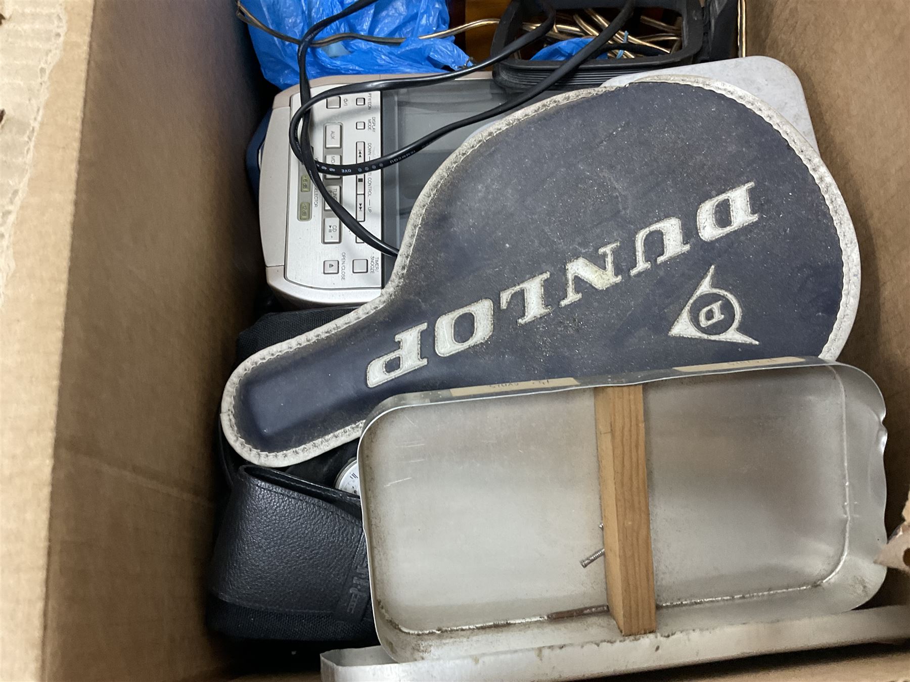 Condenser microphone, together with CD player, carved chess set, wooden figures etc in three boxes  