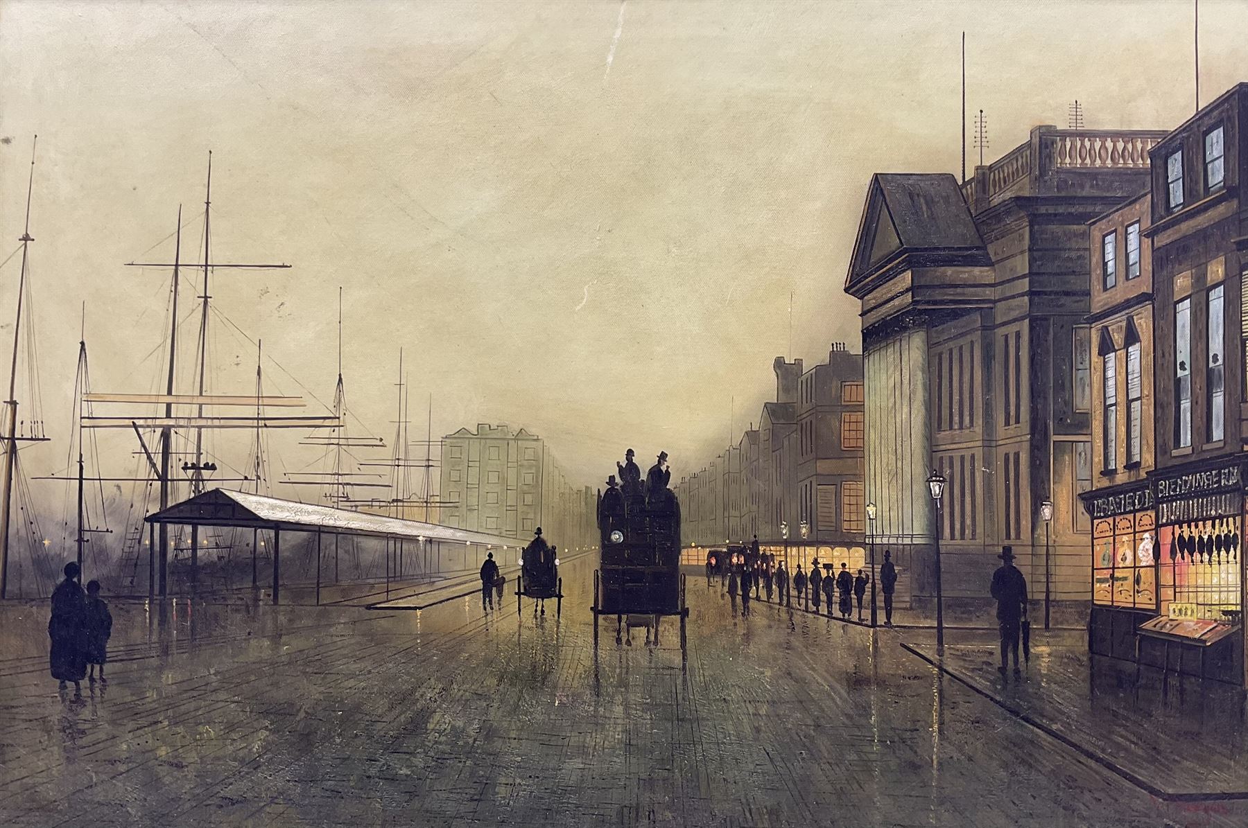 Follower of John Atkinson Grimshaw (British 1836-1893): The Custom House Liverpool Looking North, oil on board, bears spurious signature W Meegan 50cm x 75cm