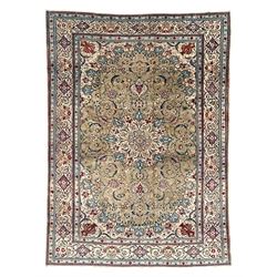 Persian Kashan olive ground carpet, central rosette medallion surrounded by swirling leafy branches and palmettes, the spandrels decorated with further palmettes and foliate motifs, scrolling border interspersed with stylised plant motifs, with in guard stripes