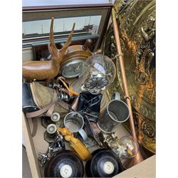 Group of assorted collectables, to include large brass charger, three framed prints of foul, two Edwardian lawn boules with inset ivory panels, two pewter tankards, cased camera, pair of opera glasses, etc. 
