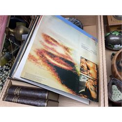 20th century Postilion brass and agate carriage clock with bevelled glass panel, H13cm, Peugeot Freres coffee grinder, silver-plate, figures, quantity of vinyl records, four The Works of William Shakespeare pub Odhams Press, brass lamp etc in three boxes