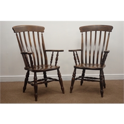  Pair Victorian style stained beech farmhouse armchairs, turned supports, W68cm  