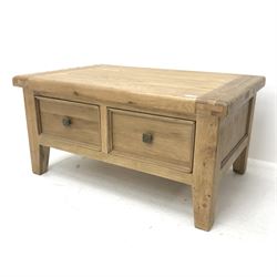Rectangular oak coffee table with two through drawers, 90cm x 60cm, H45cm