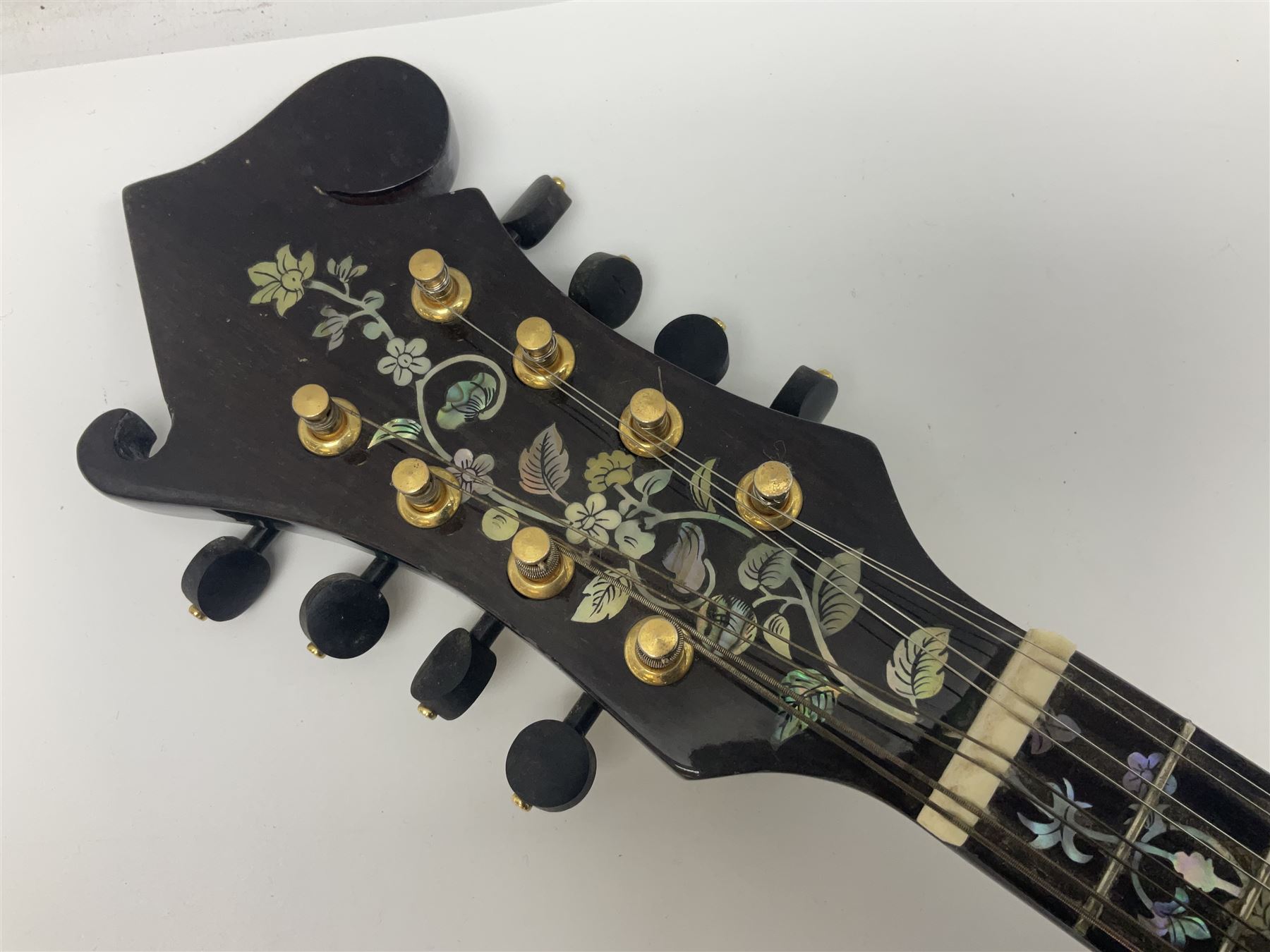 Eastern eight-string F-hole mandolin with blue sunburst finish and mother-of-pearl inlay of flowers and birds L69cm