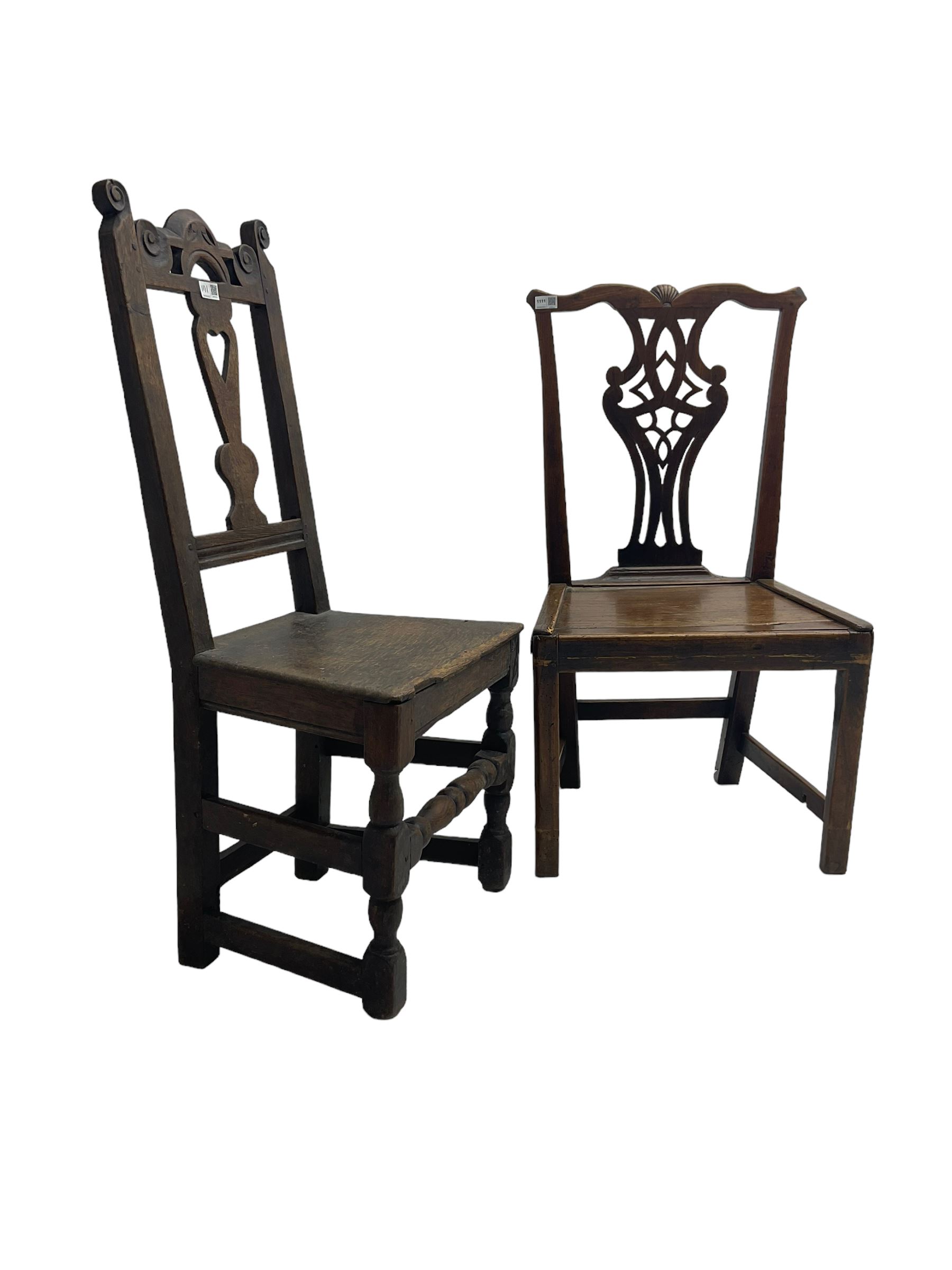 George III Chippendale design oak side chair, york cresting rail over pierced shaped splat back, solid seat raised on square supports (W52cm H93cm); 18th century oak side chair, scroll carved cresting rail with heart splat, panel seat raised on turned supports (W43cm H99cm)