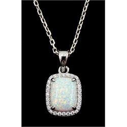 Silver opal and cubic zirconia cluster pendant necklace, stamped 925 