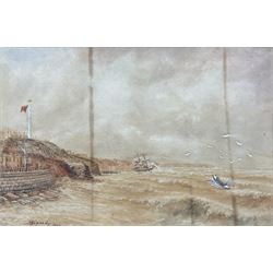  John Speedy (British late 19th century): The Brig 'Mary & Agnes' in distress off Whitby with the Lifeboat 'Robert Whitworth' in attendance 24th October 1885, watercolour with scratching out heightened in white signed and dated 1885, 34cm x 52cm This scene showing figures on the Battery and on Upgang Beach was also photographed and documented by Frank Meadow Sutcliffe