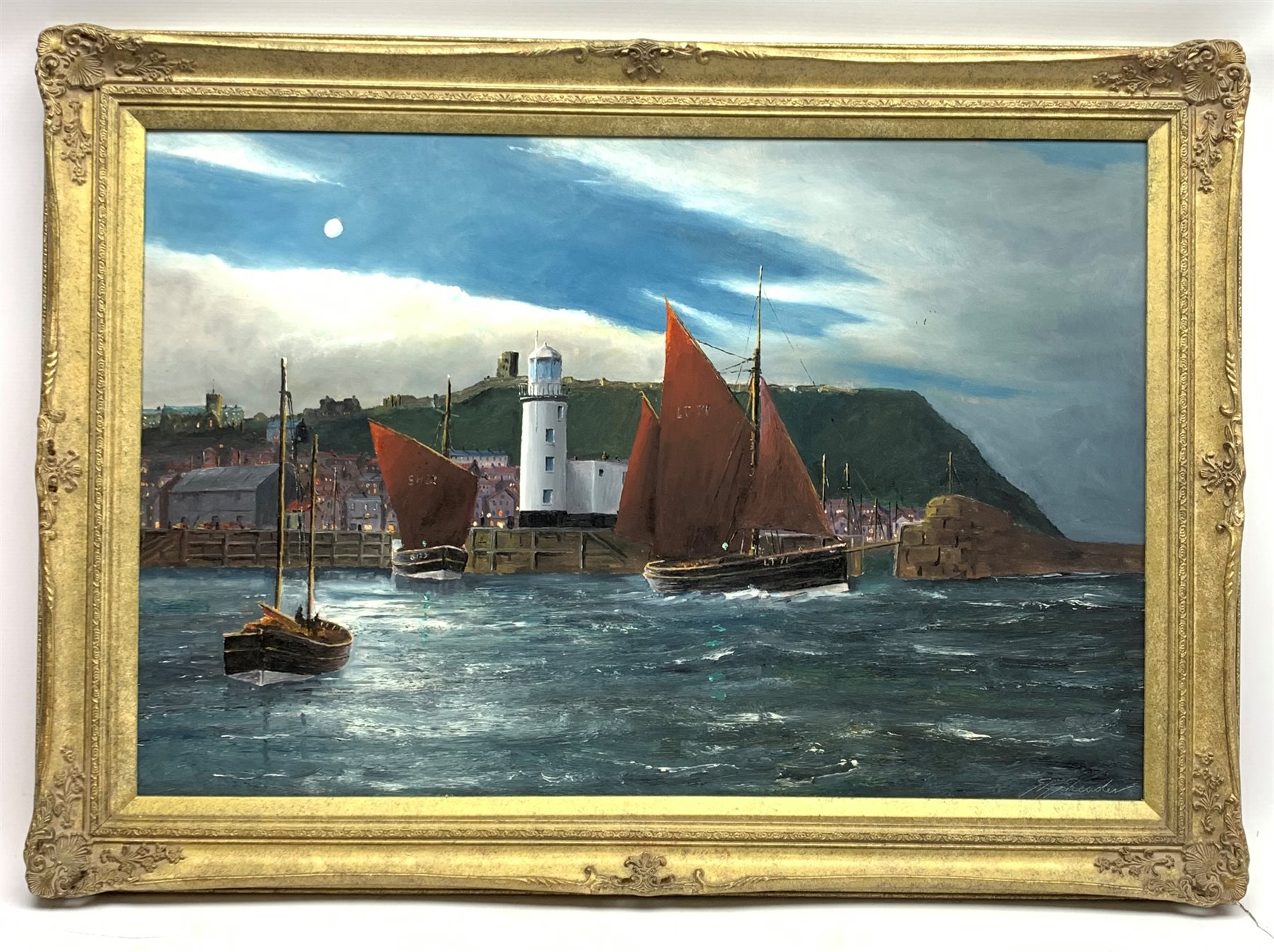 Robert Sheader (British 20th century): Fishing Boats off the Lighthouse Scarborough, oil on board signed 49cm x 75cm
