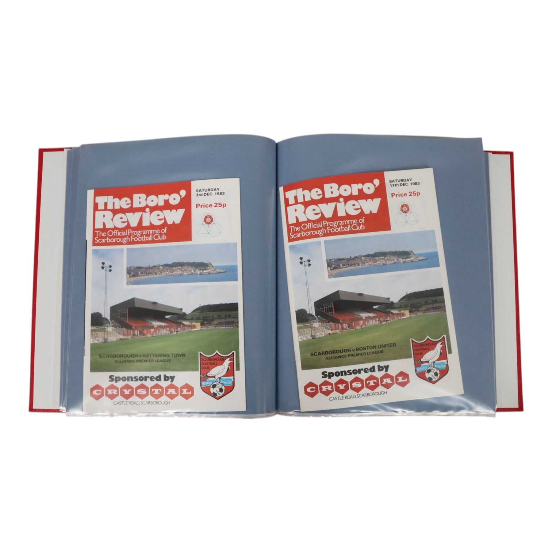 Comprehensive collection of approximately two-hundred Scarborough FC football programmes for the 1983/84, 1984/85,1985/86 and 1986/87 seasons, all filed within eight dedicated Scarborough FC red Home and Away binders 