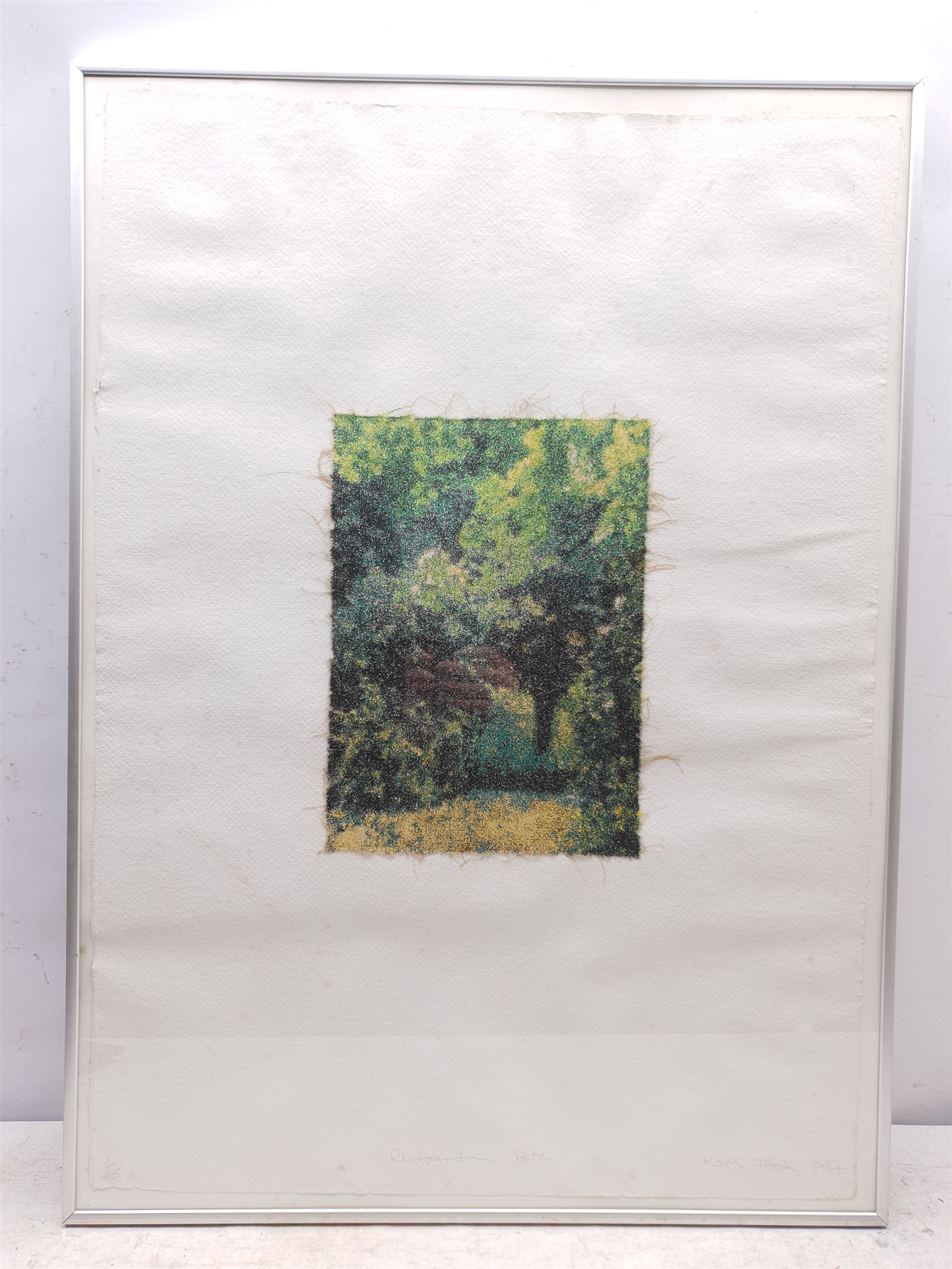 Karl Torok (Bradford 1950-2015): 'Rhododendron Path', fabric print signed titled numbered 1/15 and dated 1987 in pencil 30cm x 22cm (76cm x 55cm full sheet)