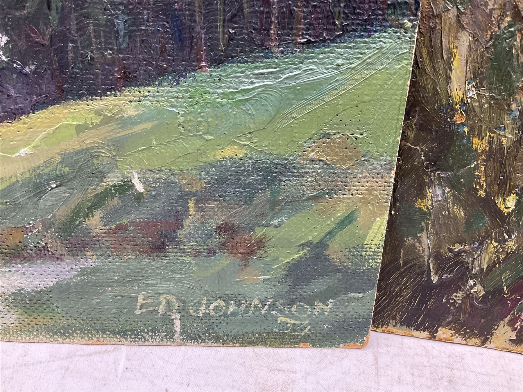 E D Johnson (British 1951-): 'Cumberland', set three oils on board signed, inscribed verso max 55cm x 72cm (3)