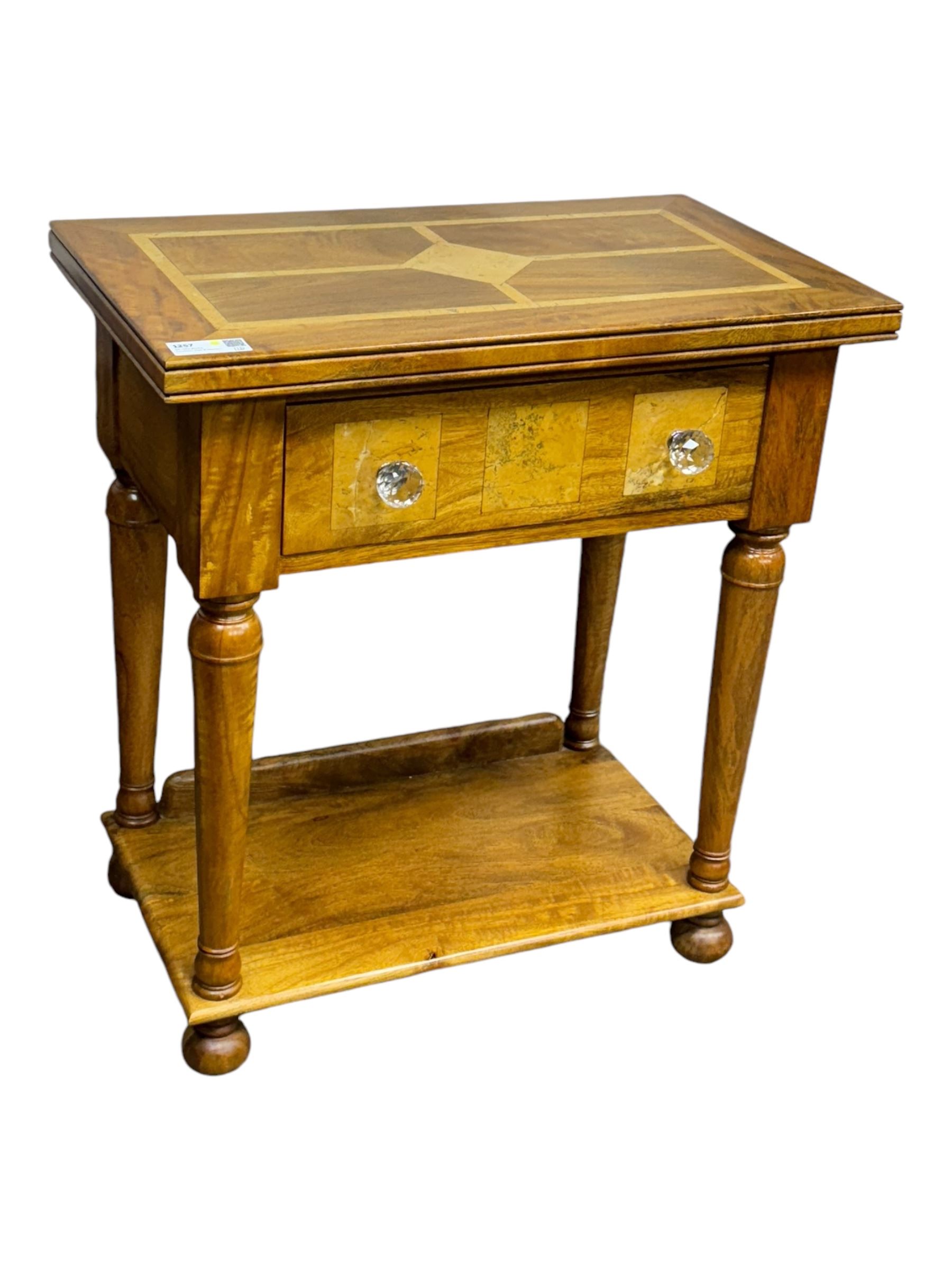 Barker and Stonehouse -  contemporary 'Flagstone' side table, rectangular crossbanded top with central diamond inlay, over single frieze drawer with faceted glass pulls, turned columns and undertier shelf, raised on bun feet