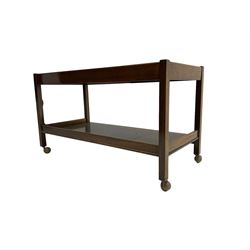 20th century mahogany framed two-tier drinks trolley, rectangular marble top, united by square supports, on castors