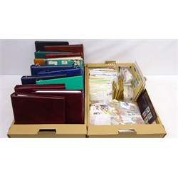 Collection of British and World stamps including British stamps on covers, loose stamps in packets including Ceylon, Belgium, France United States of America etc and fifteen empty albums for stamps/FDCs, in two boxes  