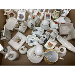 Collection of crested ware, to include Scarborough Willow Art coal truck, Whitby Willow Art Burns and Highland Mary figure group, Carlton China beer drinker 'Tak Hod an Sup Lad', and 'Here's ta me an'ma wife's usban', lighthouse, boat, Kingsway Art China Sir Walter Scott's Chair, butter dishes, candlestick, pianos etc