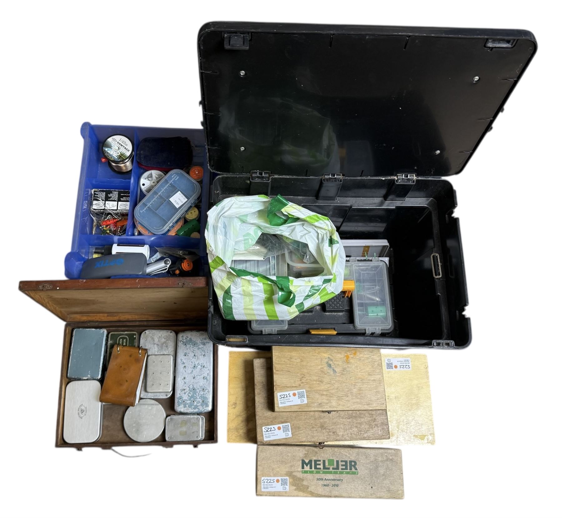 Fishing equipment, including two Fladen Vantage reels, split cane rod, hooks, line, lures etc, in Leeda plastic box and table top plastic drawers