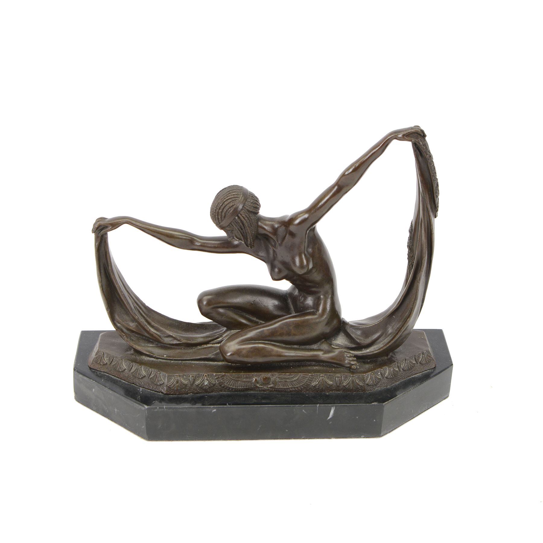 Art Deco style bronze figure of an Egyptian female after Claude Mirval, with signature to base, upon a black marble plinth, H23cm