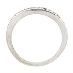 18ct white gold ruby and round brilliant cut diamond half eternity ring, London 1978