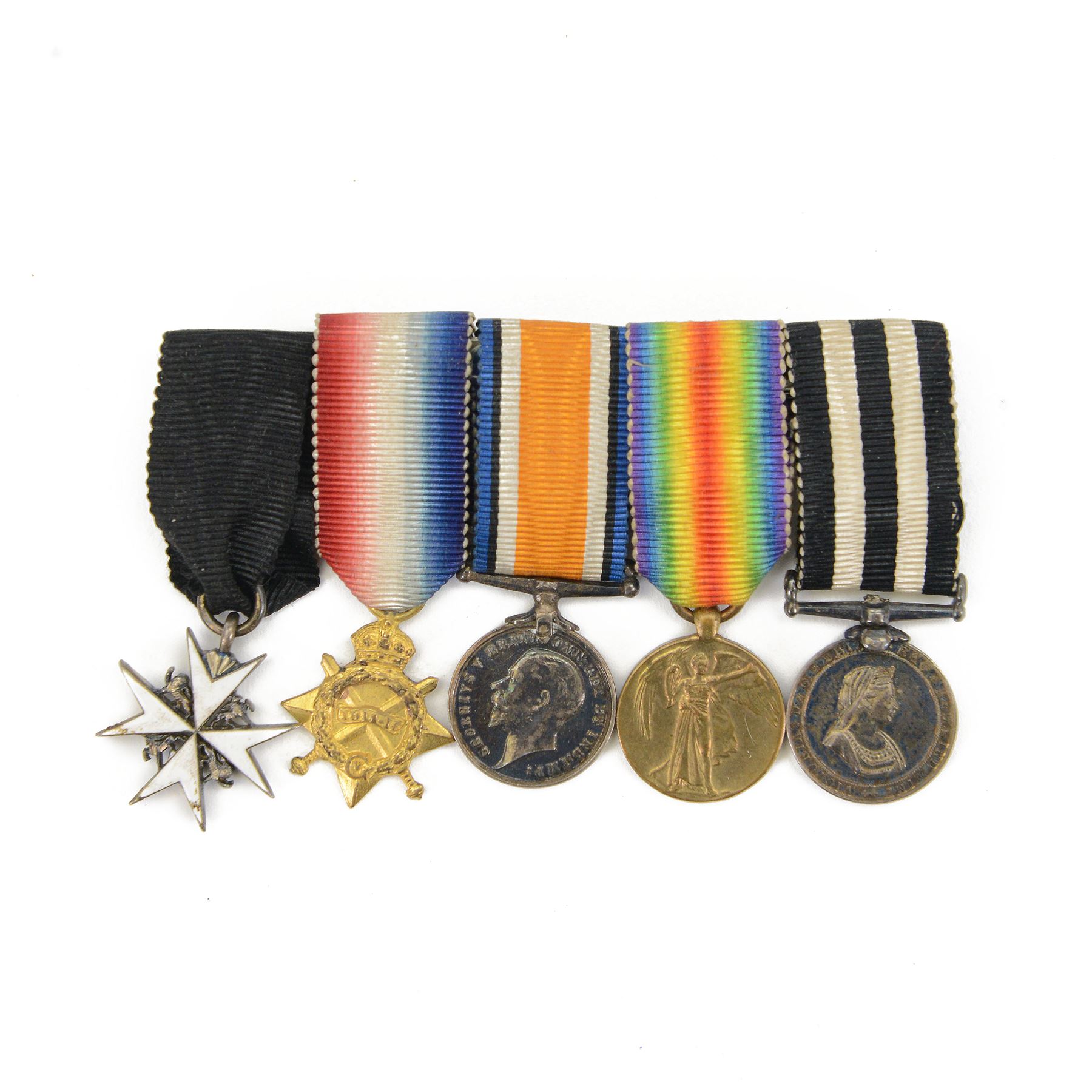 Surgeon Norman Jennings group of five medals and corresponding miniatures, comprising WWI trio; British War Medal, Victory Medal, 1914-15 Star and The Order of St. John Service Medal and Star 
During WWI Norman Jennings served as Surgeon Probationer for Royal Navy Volunteers Reserves. He went of the be the City of Hull Coroner 1935 