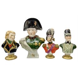 Group of Napoleonic busts comprising ‎Rudolf Kämmer Volkstedt examples of General Jean Lannes, 1st Duc de Montebello and Scottish Highland Infantry soldier and Rifleman 1803, all with blue crowned K marks beneath, and a bust of Napoleon raised upon square plinth, tallest H12cm