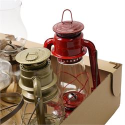 Swedish copper King of Stoves, another smaller, Tilley paraffin pressure iron, various table oil lamps and hurricane lamps