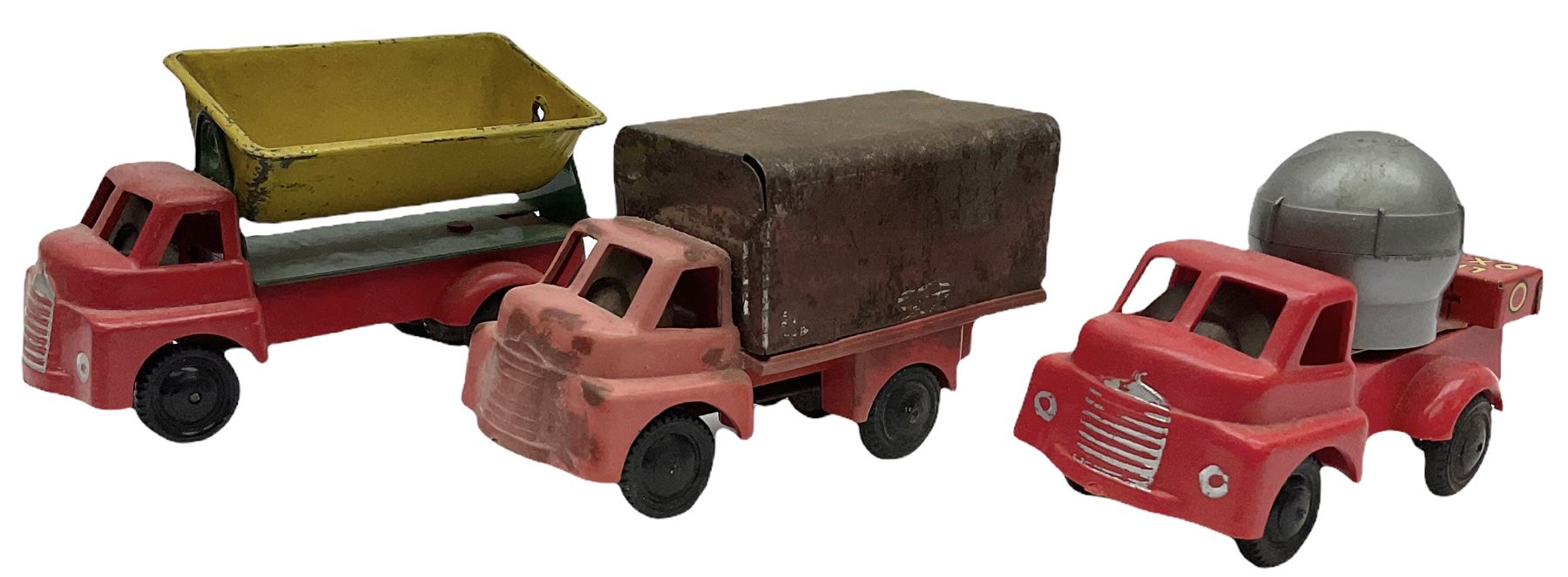 Wells Brimtoy/Pocketoy - seven tin-plate and plastic clockwork or friction-drive  vehicles comprising Milk Tanker, Greenline Coach, Liquid Oxygen Wagon, Side-Tipping Wagon, Snacks Van with drop-down counter, London Trolley Bus and covered wagon; all unboxed (7)