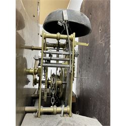 Victorian Jacobean revival oak cased 30 hour longcase clock - with a carved pediment and break arch door beneath, door with attached pilasters and gesso capitals, break arch trunk door with a carved grotesque, conforming carved plinth raised on ball feet, brass dial with spandrels, matted centre and chapter ring, dial pinned to a chain driven countwheel movement, striking the hours on a bell.
With weight and pendulum.