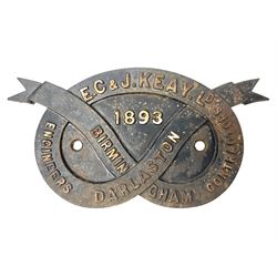 Victorian cast iron railway bridge makers plate, in the form of a Staffordshire Knot, detailed E.C. & J. Keay LD Birmingham Darlaston 1893, H31.5cm W15.5cm