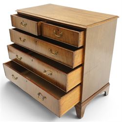 George III mahogany straight-front chest, rectangular top with moulded edge, over two short and three long graduating cock-beaded drawers, each with original brass swan neck handles, lower moulded edge on bracket feet
