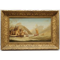 Jan Dommersen (Dutch 19th century): Ships off a Coastal Castle, oil on canvas signed 34cm x 59cm