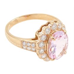 18ct rose gold oval cut morganite and milgrain set, round brilliant cut diamond cluster ring, with diamond set shoulders, stamped 750, morganite approx 2.30 carat, total diamond weight approx 0.65 carat