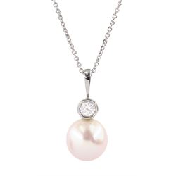 White gold single stone round brilliant cut diamond and pearl pendant necklace, stamped 375