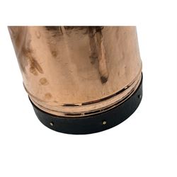20th century copper milk churn, of tapering cylindrical form with applied brass twin handles and darkened banded rim and base