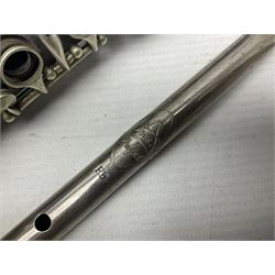 Disassembled early 20th century Boys Brigade snare drum D37cm with copy WW1 period photograph of the Kirbymoorside Boys Brigade; early 20th century hardwood clarinet; bagpipes chanter; and Dulcet E-flat penny whistle