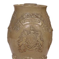 Stoneware flagon, impressed G Piercy Mkt Weighton 2 Gall, together with two salt-ware sprit barrels for Whisky and Brandy 
