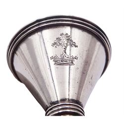 Small George III silver funnel, probably an apothecary or chemist funnel, or a perfume funnel, of typical plain form, with engraved crest, hallmarked London 1792, makers mark worn and indistinct, approximate weight 0.37 ozt (11.6 grams)