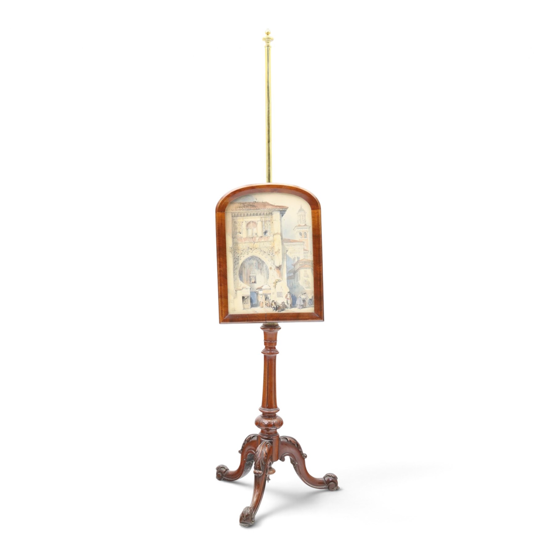 Two Victorian mahogany pole screens, comprising an oval example with floral needlework panel and carved cresting, on brass pole and tripod base with scroll carved supports (H 153cm, W 43cm, D 43cm); and a rectangular example with glazed architectural print panel, on brass pole, turned column and conforming scroll carved tripod base (H 147cm, W 38cm, D 38cm)
