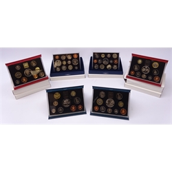  Six Royal Mint United Kingdom proof coin sets 1996, 1997, 1998 and 1999 in red or blue folders and 2005 and 2006 in presentation card boxes, all except 2005 with certificate  