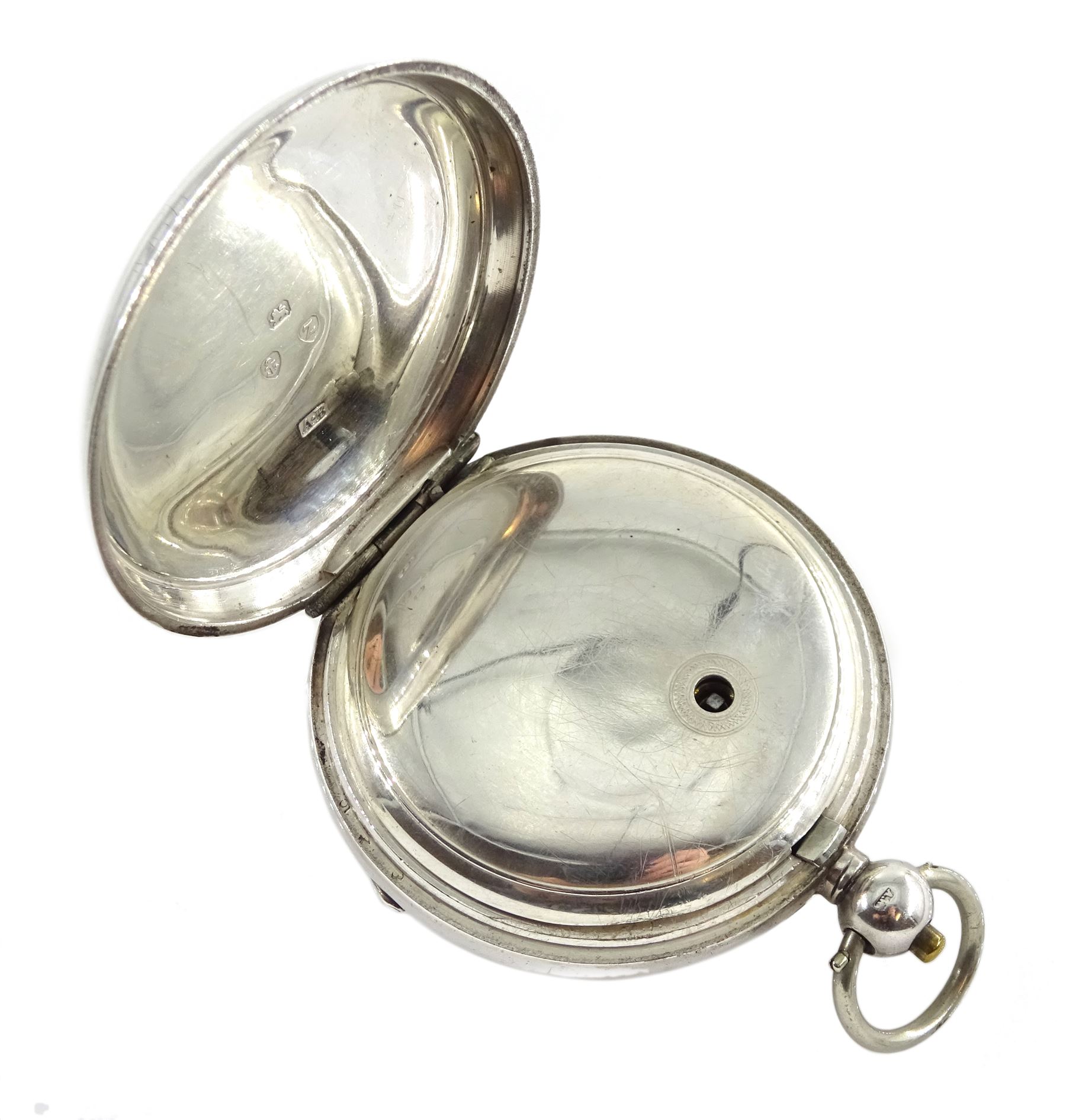 19th century silver open face key wound pocket watch by Waltham Mass, No. 845724, retailed by J.G. Graves, white enamel dial with Roman numerals and subsidiary seconds dial, engine turned case with engraved initials in cartouche, Birmingham 1899