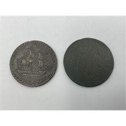 Four Georgian tokens comprising 1791 Liverpool Thomas Clarke Halfpenny, two 1795 Bakers Halfpennies and 1797 Stafford Halfpenny 