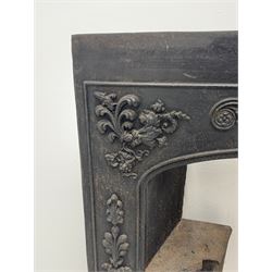 *19th century black painted cast iron fire inset, decorated with central shell and scrolled foliate, 82cm x 91cm