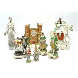 Victorian Staffordshire figure of a soldier on horseback entitled 'Peach' H29cm, Victorian style Staffordshire flatback in the form of a clock tower, pair of Sitzendorf porcelain figures, other simiar style figures and a Nao figure modelled as Don Quixote (8)