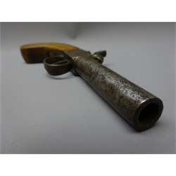  19th century percussion cap Pocket pistol, 7cm turn-off circular steel barrel, shaped walnut grip, stamped, L18cm  