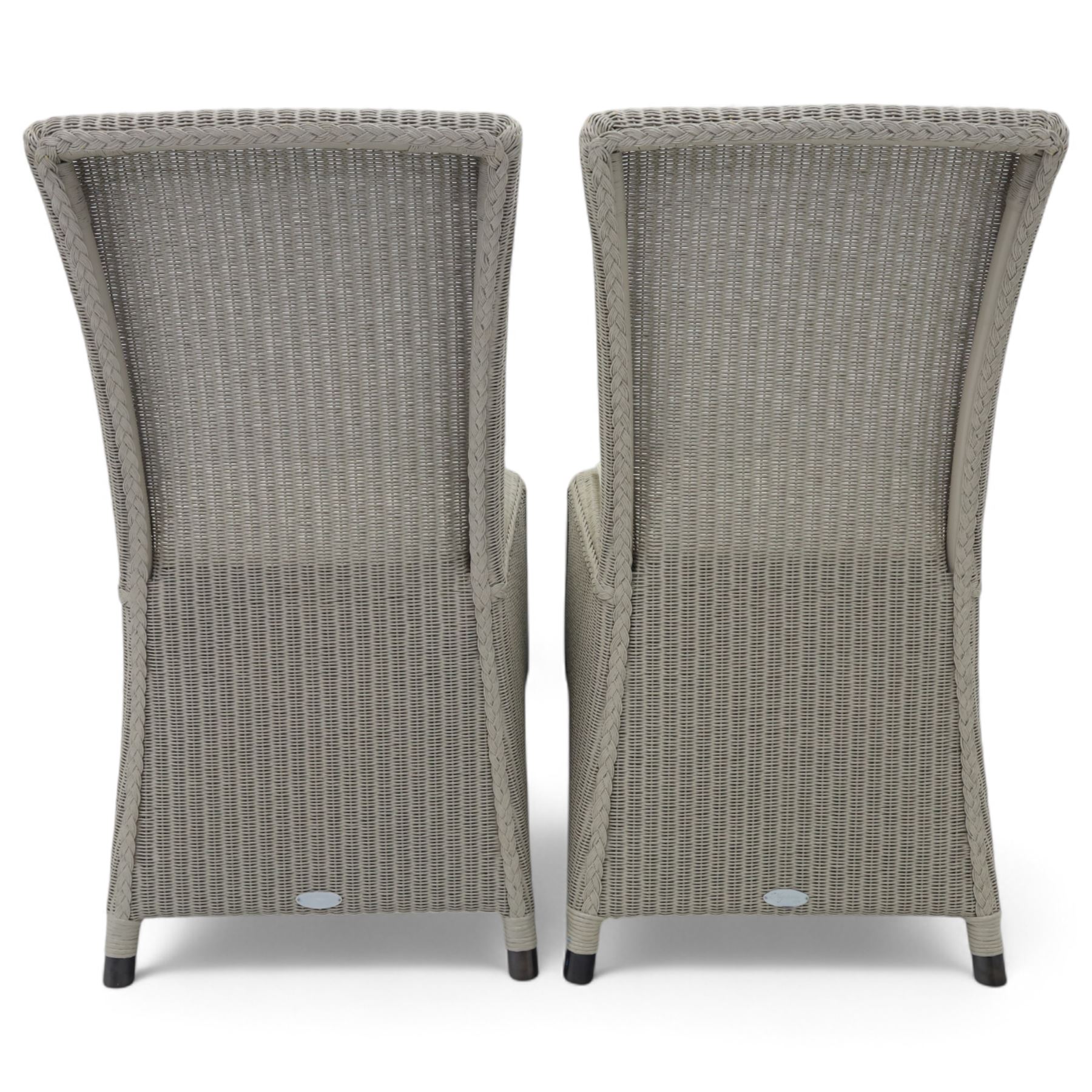Neptune – Sheldrake limed oak extendable dining table and eight Havan loom chairs, the oval top in limed oak finish with four additional leaves extending the table to seat up to ten (Extends to cm), raised on turned legs with two additional centre supports, the matching Havan loom chairs finished in grey with cream upholstered seat covers (H 95cm, W 47cm, D 55cm)