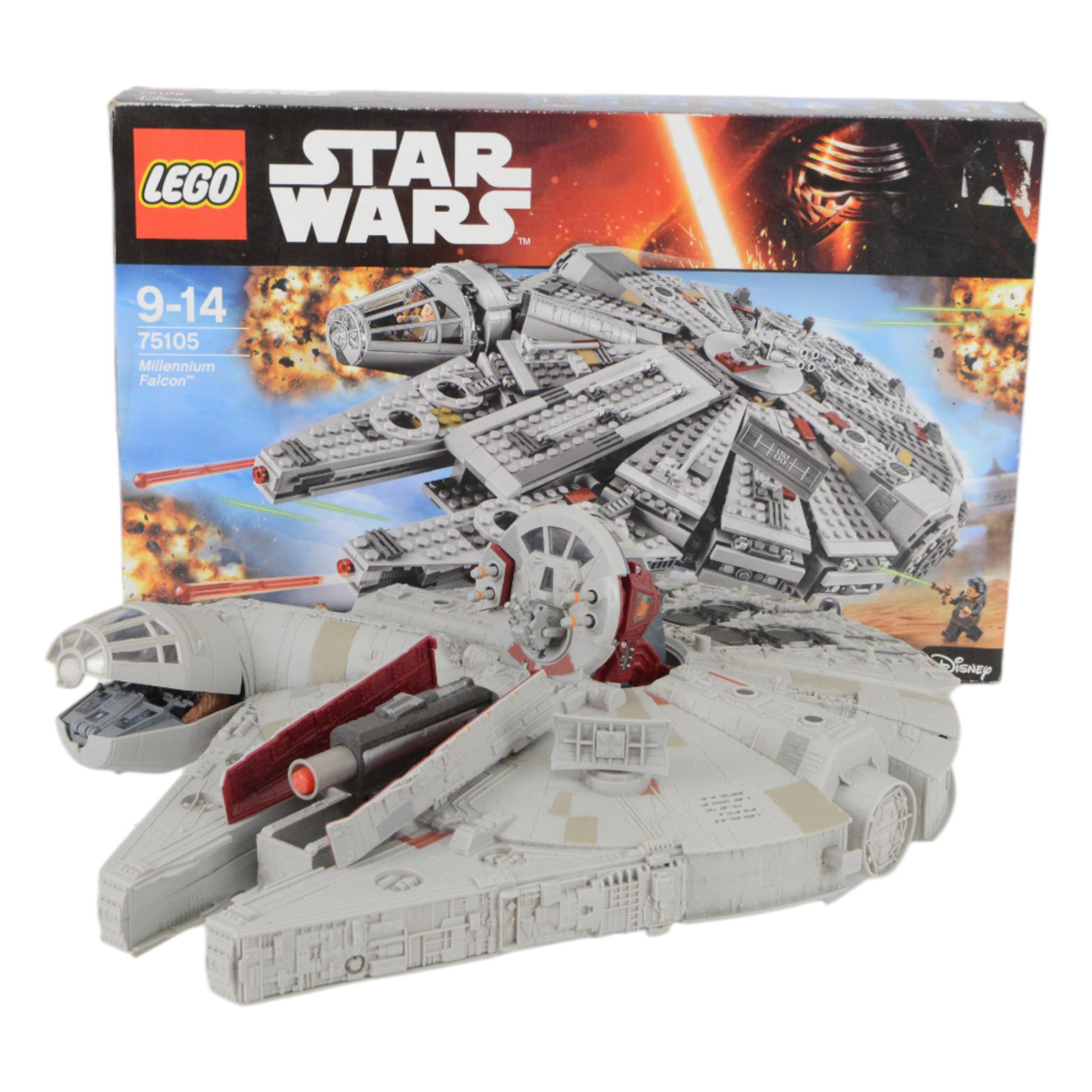 Lego Disney Star Wars Millennium Falcon no. 75105, boxed, together with a Hasbro The Force Awakens Millennium Falcon nerf model with Finn and Chewbacca figures
