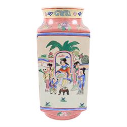 Famille Rose vase decorated with panels of figures in a garden, H37cm