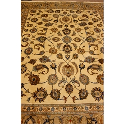  Meshed rug, ivory field with palmettes and boteh with palmette striped border, 298cm x 320cm  