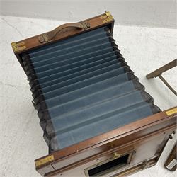 Kieser & Pfeufer folding mahogany and brass full plate camera, with adjustable wooden tripod